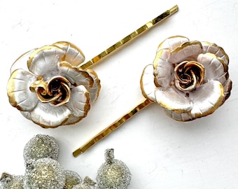 1930s Vintage Silver & Gold Rose Hair Pins, Antique Flower Hair Pins: Unique Floral Hair Accessories Handmade From Vintage Jewellery