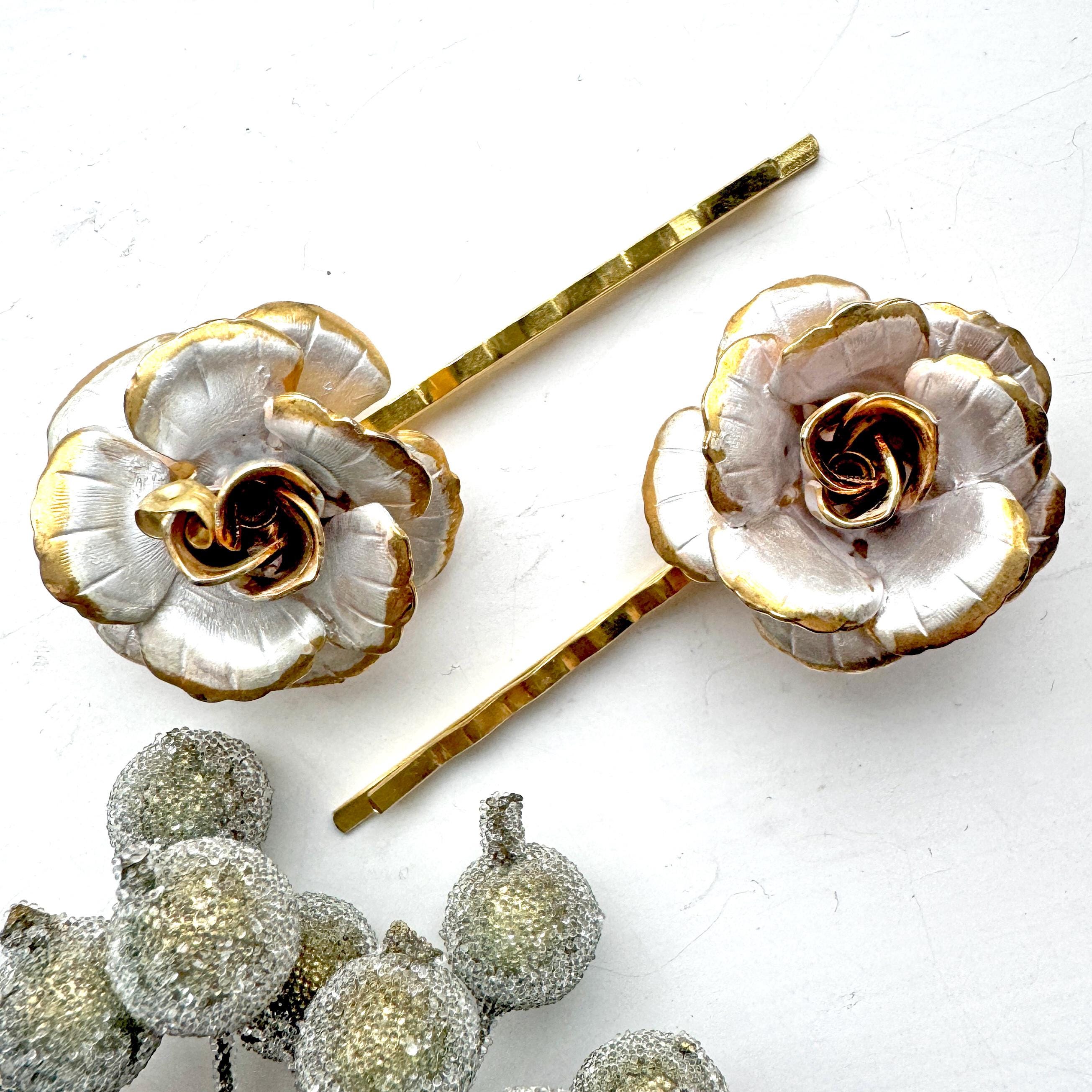 1930s Vintage Silver & Gold Rose Hair Pins, Antique Flower Hair Pins: Unique Floral Hair Accessories Handmade From Vintage Jewellery