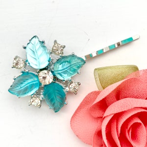 Blue 1940s Vintage Hair Clip For Wedding, Jewelled Hair Slide For Women, Vintage Wedding Hair Pin, Retro Hairpin, Flower Hair Clip For Bride