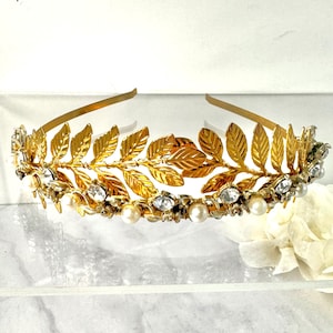 Vintage Gold Bridal Tiara, Pearl & Rhinestone Wedding Headpiece Handmade From Vintage Jewellery