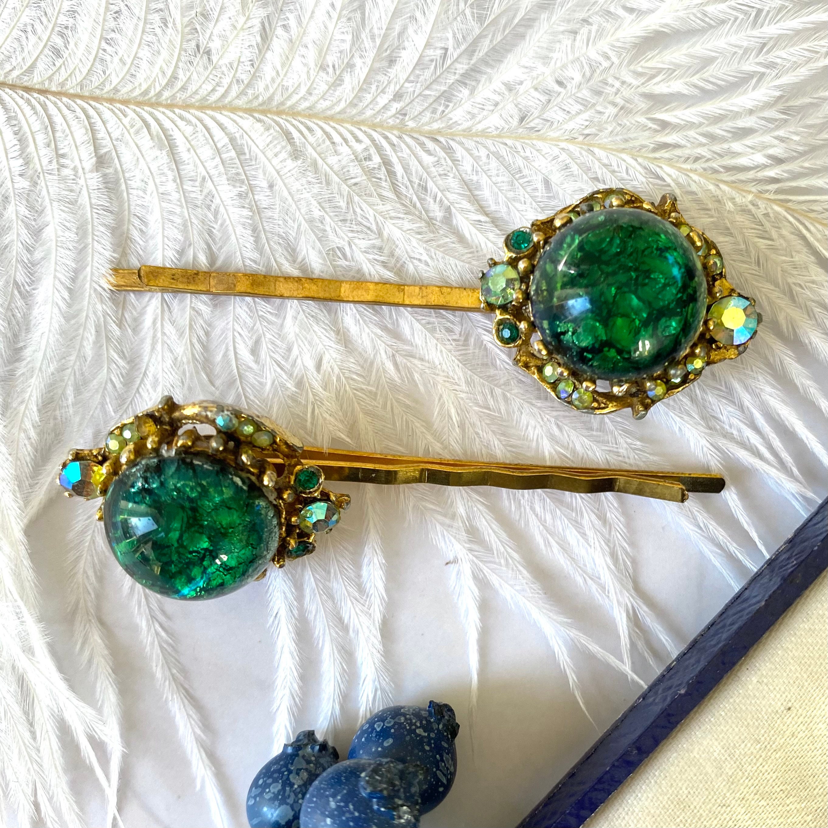 Antique Green Hair Clips Vintage Green Hair Pins Green Etsy