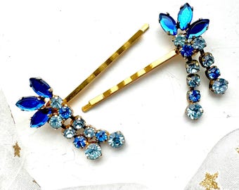Vintage Crystal Bow Hair Pins With Blue Ribbon - Elegant  display picture 2