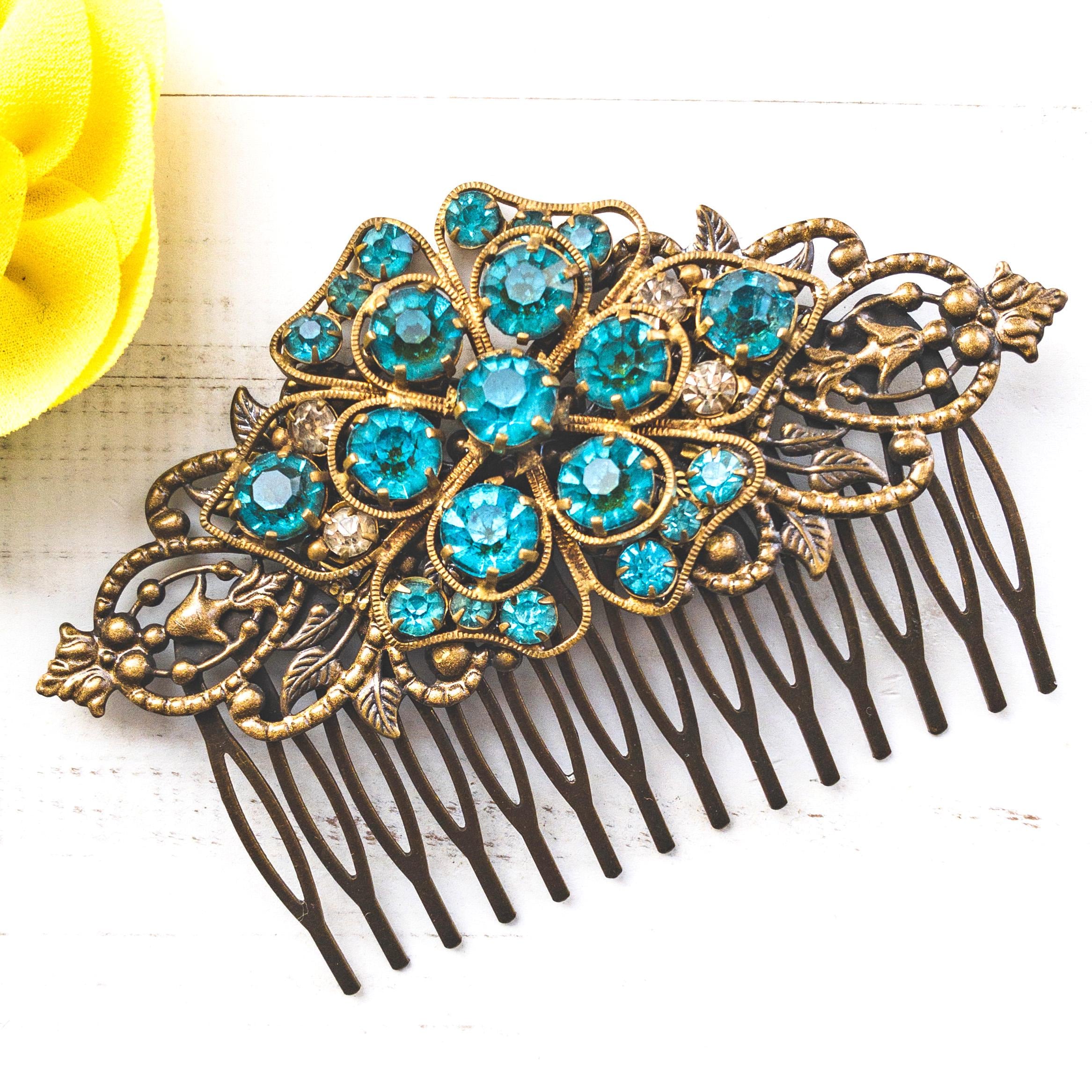 Vintage Victorian Hair Comb With Turquoise Rhinestones  display picture 3