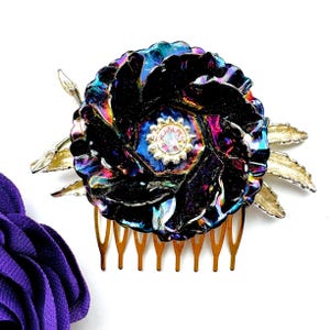 Vintage Purple Rose Flower Hair Comb: Goth Wedding Hair Piece Handmade From Vintage Jewellery