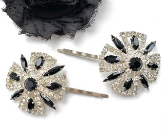 Horquillas de boda vintage en blanco y negro – Pinzas para el cabello estilo art déco, horquillas de boda monocromáticas hechas a mano a partir de joyas vintage.