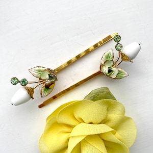 1930s White Glass and Sage Green Rhinestone Flower Hair Pins, Handmade From Vintage Jewellery