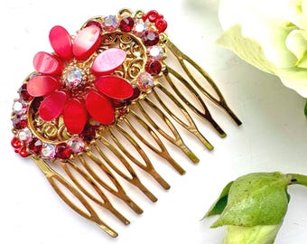 Vintage Japanese Floral Hair Comb Red & White with Pressed Flowers Vintage Japanese Floral Hair Comb Red & White with Pressed  main image 2