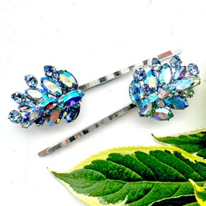 1950s Vintage Hair Pins, Blue Rhinestone Hair Pins, Antique Hair Slides For Women, Blue Decorative Bobby Pins, Something Blue For Bride