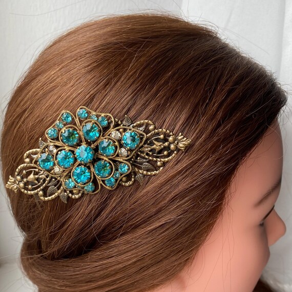 Elegant Antique 1900\'s Green Hair Comb with Blue Accents Antique Victorian Revival Hair Comb With Green and Blue  main image 3