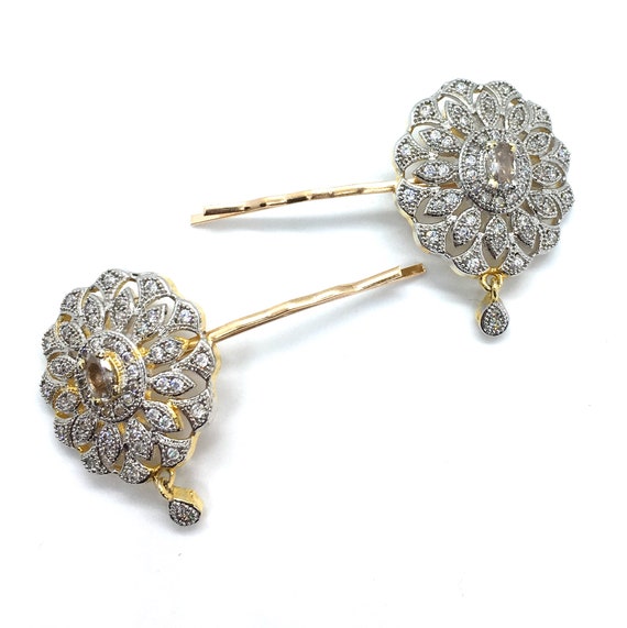 Large Vintage Gold Pave Diamante Rhinestone Pair Of Hair Pins Etsy