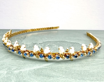 Vintage Blue Jewelled Hairband For Wedding, Blue Hairband For Wedding Guest, Pearl Hair Piece For Bride, Blue Gold Bridesmaid Headband