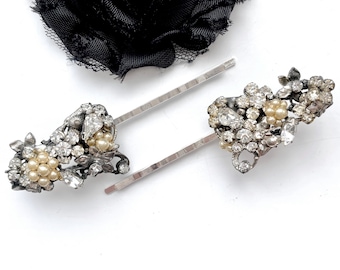 Antique Rhinestone Pearl Bridal Hair Pins: 1920s Wedding Hair Accessories, Art Deco Hair Pins Handmade From Vintage Jewellery