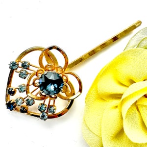 1950s Vintage Blue Rhinestone Hair Pin: Gold Tone Wedding Barrette Handmade From Vintage Jewellery