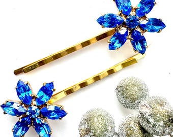 1950s Blue Rhinestone Flower Hair Pins: Blue Vintage Hair Pins, Vintage Hair Clips, Blue Hair Accessories Handmade From Vintage Jewellery
