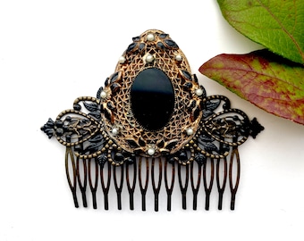 Vintage Black Hair Comb For Alternative Wedding Victorian, Black Antique Hair Comb For Bride, Vintage Black Hair Piece, Gothic Hair Slide