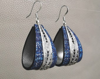 Thick Hollow Leather Round Shaped Blue Leather Mid-century Inspired Modern Leather Dangle Earrings Wrapped in Teardrop Dangle