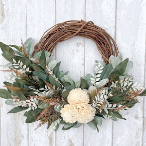 Minimalist Boho Eucalyptus Wreath Decor with Lamb's Ear and Sola Wood Flowers | Fall Porch Decor for Front Door | Fall Wreath
