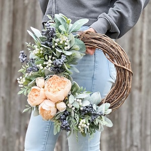 Summer Peach Peony Blueberry Wreath for Front Door with Baby's Breath | Spring Wreath | Lamb’s Ear Wreath | Modern Farmhouse Peony Wreath