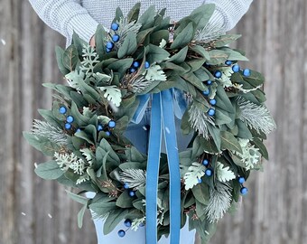 Winter Eucalyptus Wreath for Front Door with Blue Berries and Blue Velvet Bow | Rustic Winter Decor | Christmas Wreath | Neutral Door Wreath