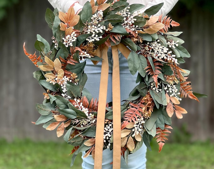Fall Eucalyptus Fern Wreath for Front Door With Cream Berries and ...