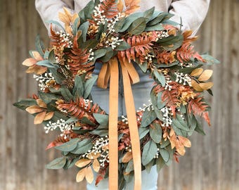 Fall Eucalyptus Fern Wreath for Front Door | Autumn Boxwood Wreath | Neutral Fall Porch Decor | Modern Farmhouse Wreath