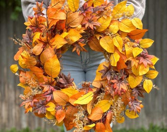 Fall Maple Foliage Wreath for Front Door | Fall Porch Decor | Autumn Yellow Orange Wreath | Modern Farmhouse Decor