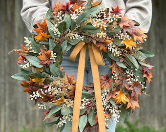 Neutral Fall Eucalyptus Maple Wreath for Front Door | Fall Porch Decor | Autumn Wreath | Modern Farmhouse Wreath