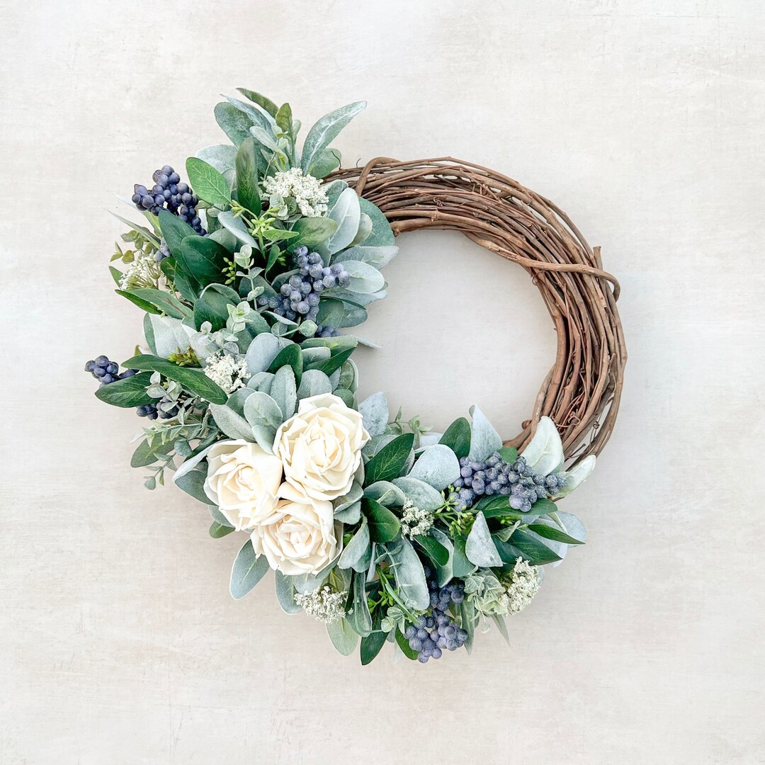 Spring Lambs Ear Blueberry Wreath for Front Door With Eucalyptus, and ...