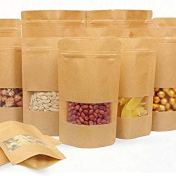 5 SIZES 50pc ADMarket Kraft Zipper Seal Stand Up Food Bags Resealable Pouches with tear Notch and Matte Window