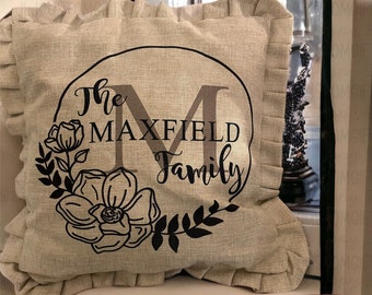 Farmhouse home decor/Housewarming gift/ decorative pillow cover /personalized name pillow/ family name/Magnolia outline print