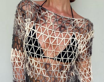 Crochet Mesh Tunic, Sheer Long Sleeve Crochet Top, Boho Beach Cover Up, Festival Mesh Top, Handmade Cotton Tunic