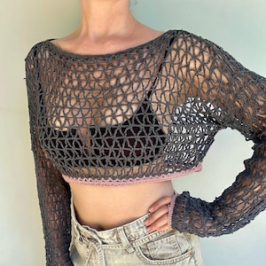 Geometric Mesh Crochet Top – Boho Long Sleeve Festival Layer, Handmade Crochet Top, Open Knit Crop Top, Festival Top, Boho Summer Top