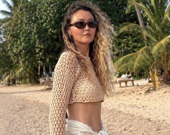 Beige Crochet Crop Top • Lightweight Cotton Mesh • Boho Summer Outfit • Beach Layer Top