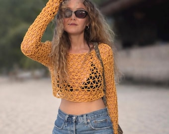 Crochet Mesh Crop Top, Yellow Boho Festival Top, Sheer Long Sleeve Crochet Shirt, Handmade Cotton Summer Top