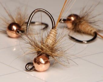 Biot Body Jig Nymph Tan Trout Fly Fishing Flies for Trout Tungsten Bead Euro Nymph Jig Pack of 3