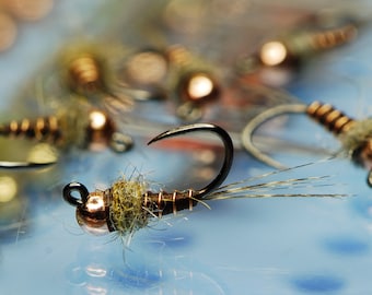 Thread Body Nymph Brown with Copper Trout Fly Fishing Flies for Trout Tungsten Bead Euro Nymph Jig Pack of 3
