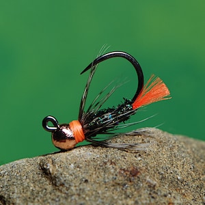 May include: A black and orange fly fishing lure with a copper bead head and a red and orange tail.