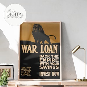 Lithograph War Loan poster World War 1 wall art. Propaganda, WWI motivation digital art