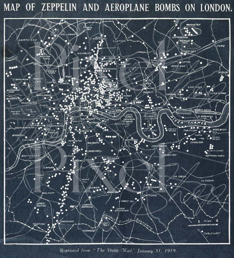 Zepplin Map London Map of Zeppelin and Aeroplane Bombs 1919 Wall Art | WWI War ...