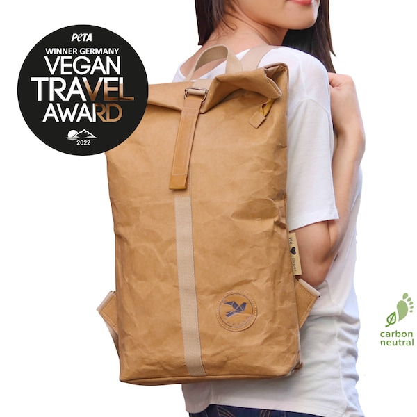 PAPERO Rucksack aus Kraft Papier 13-22L, Leicht, Robust, Wasserfest veganes Leder, nachhaltig,recycelbar mit Laptopfach Ultraminimalistisch