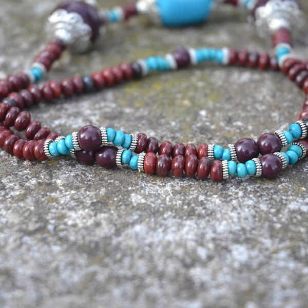 Collier en perles recyclées turquoise et marron - cadeau de Saint Valentin, anniversaire, fête des mères ethnique étique