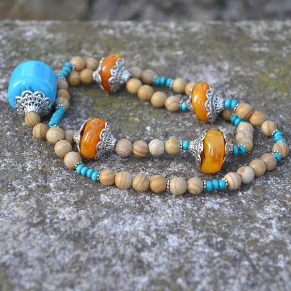 Collier en bois turquoise et orange, grosse perle bleue et ambre du Maroc - cadeau d'anniversaire, fête des mères, Noël, Saint Valentin