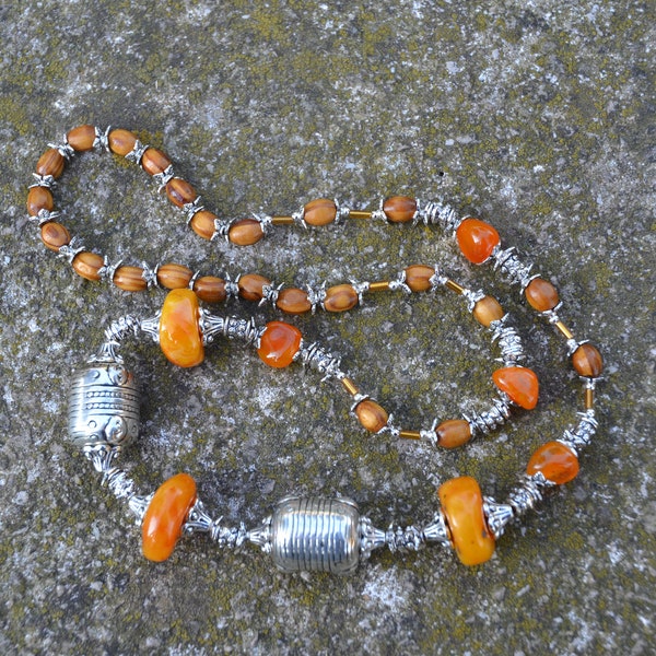 LA RADIEUSE - Collier en perles de bois, ambre du Maroc et agate - cadeau fête des mères, anniversaire - bijou ethnique, lithothérapie