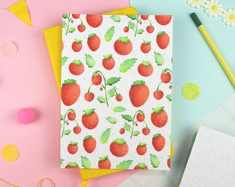 Strawberries Handmade Pattern Notebook, A5 to do list planner, eco friendly stationery for her, cute kawaii stationary, floral aesthetic