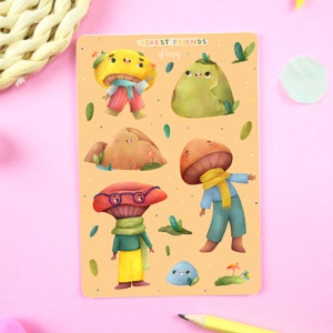 Forest Friends Sticker Sheet 01, Mushroom Bullet Journal Stickers for Scrapbook, Cute Pastel Planner stickers, Kawaii little nature stickers