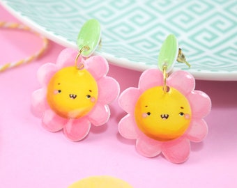 Happy Flowers Handmade Earrings | Shrink Plastic Stud Earrings | Cute Fun Happy Earrings