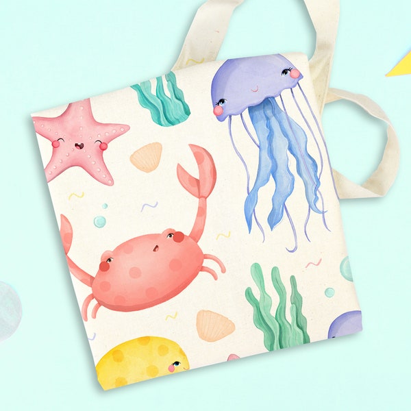 Zeedieren Tote Bag | Leuke het winkelen zak | Kawaii Canvas Tas | Geïllustreerde kleurrijke Tote Bag | 100% katoenen canvas tas om te winkelen