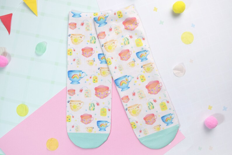 Positivi-TEA Socks Cute Happy Fun Patterned Socks Crazy Funky Summer socks Polyester Awesome socks Unisex Gift image 1