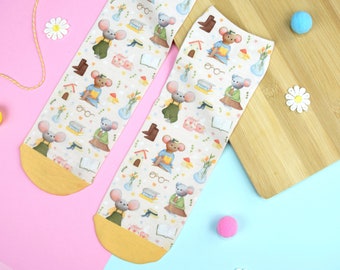 Cottagecore Little Mouse Socks | Cute Happy Fun Patterned Socks | Crazy Funky Summer socks | Polyester Awesome socks | Unisex Gift