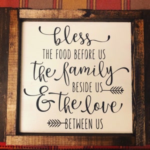 Rustic dining room/kitchen sign, bless the food before us, framed wood sign